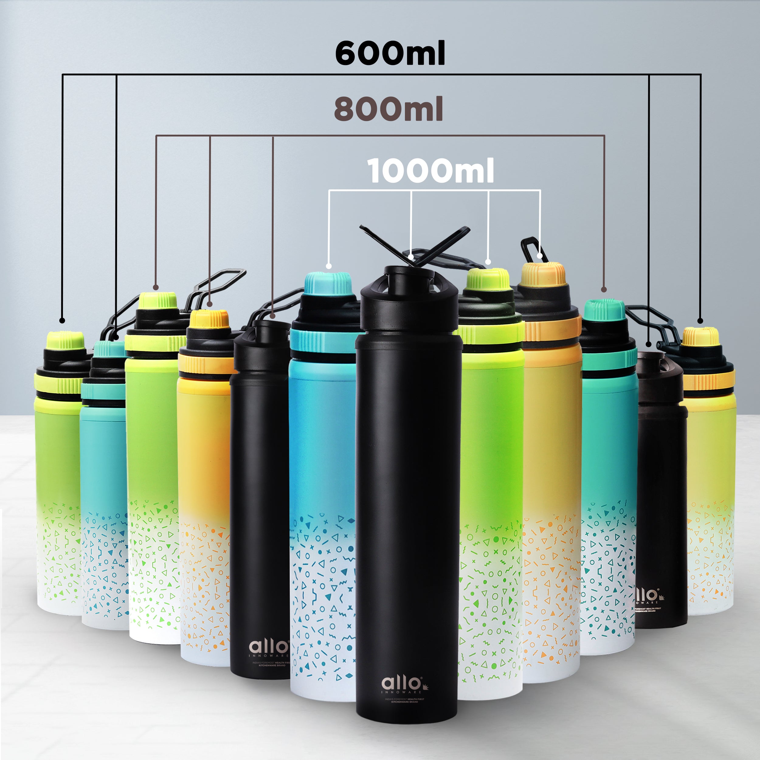 Allo Steel Water Bottles Stainless Steel Sipper Water Bottle for adults, kids 1 Litre Water Bottles for School, Office, Sports, Gym 1L Water Bottle for Men and women, Black 800ml