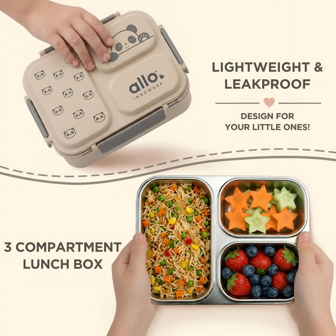 Allo Bento Stainless Steel Lunch Box for Kids- BIS Approved, 304 Stainless Steel 3 Compartment Leakproof Tiffin Box for Boys and Girls for School, Travelling, Baby Snacks, 740ml Beige Panda