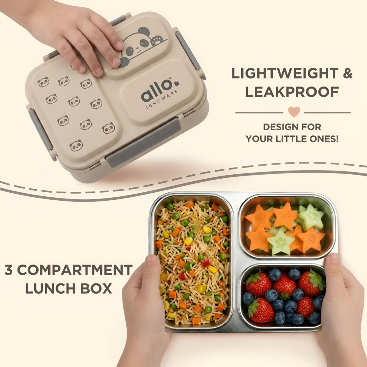Allo Bento Stainless Steel Lunch Box for Kids- BIS Approved, 304 Stainless Steel 3 Compartment Leakproof Tiffin Box for Boys and Girls for School, Travelling, Baby Snacks, 740ml Beige Panda