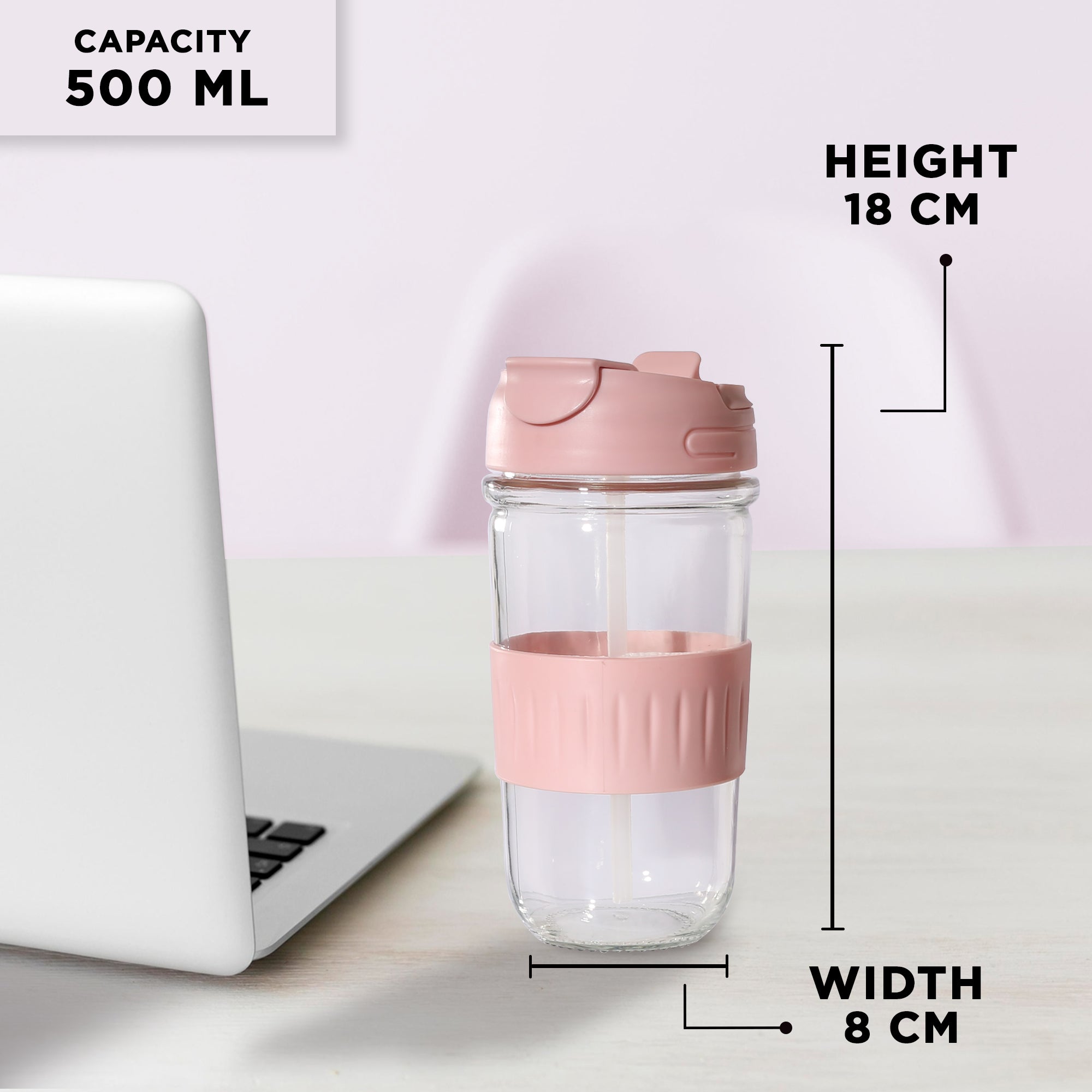 Allo Reusable Glass Mug Sipper Tumbler with Straw, Unique 2 in 1 Anti Spill Lid | Microwave Safe Leakproof Glass with Anti-Slip Grip for Hot & Cold Coffee|| Car, Office, Travel use | 500ml (Pink)