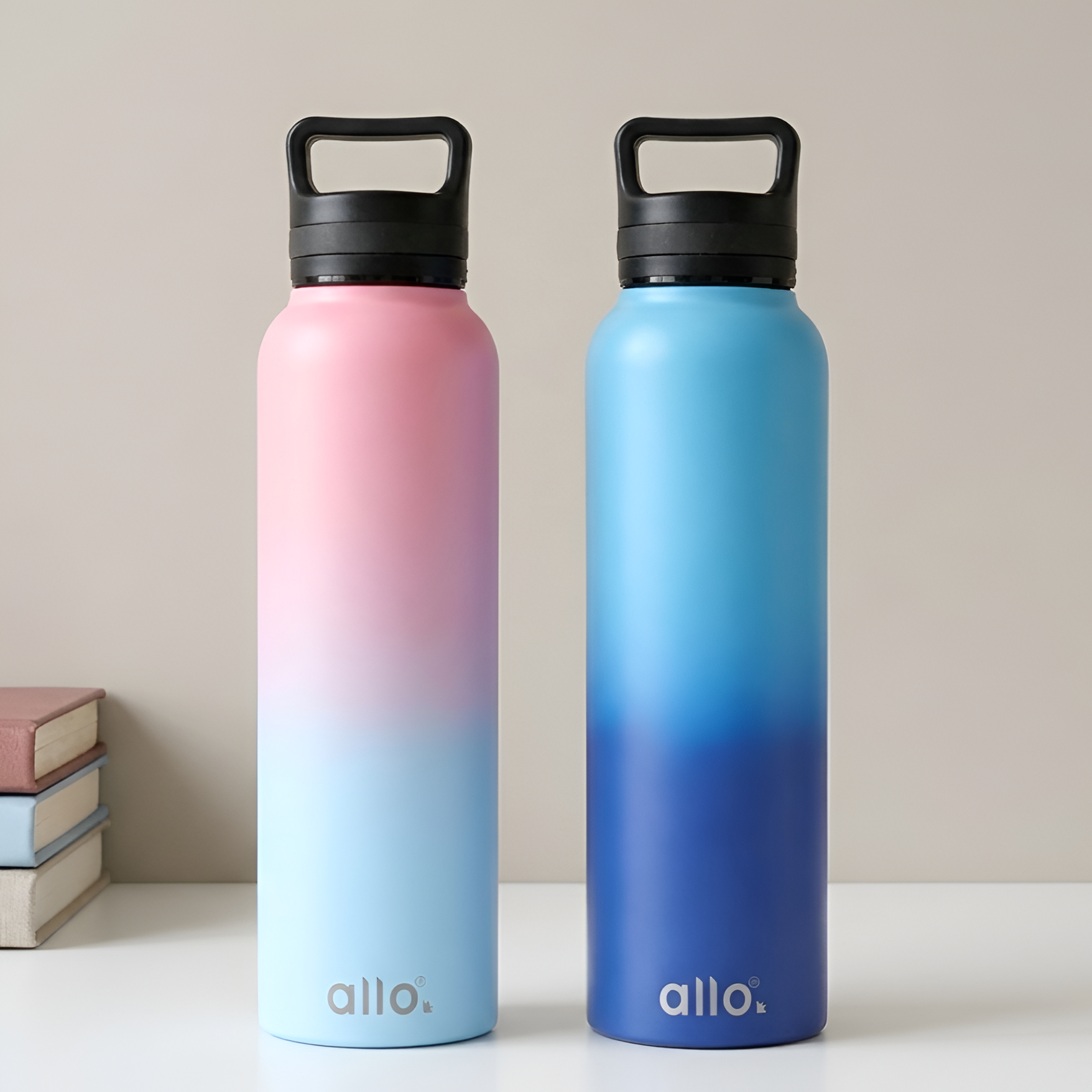 Allo Stainless Steel Water Bottle For Adults, Kids 1 Litre Water Bottles For School,Office,Sports,Gym 1L Water Bottle For Men & Women, Pack Of 2, Leak Proof, Bpa Free, Pink Baby Blue & Blue Handle Cap