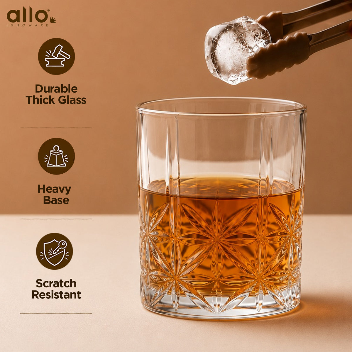Allo Glass Set Of 6 Premium Whisky Glasses, 205 ml, For Drinking Water, Wine, Cocktail, Mocktail, Martini, Liquor, Alcohol, Scotch, Bourbon | Gift Set Packaging | Golden Rim Floral Cut Whiskey Glass