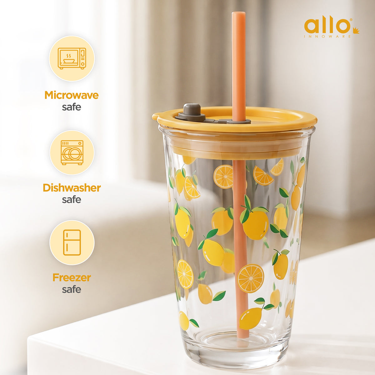 Allo Reusable Glass Mug Sipper Tumbler with Straw, Unique 2 in 1 ANTI Spill Lid | Microwave Safe Leakproof Glass with Anti-Slip Grip for Hot & Cold Coffee| Car, Office, Travel use | 450ml (Orange)