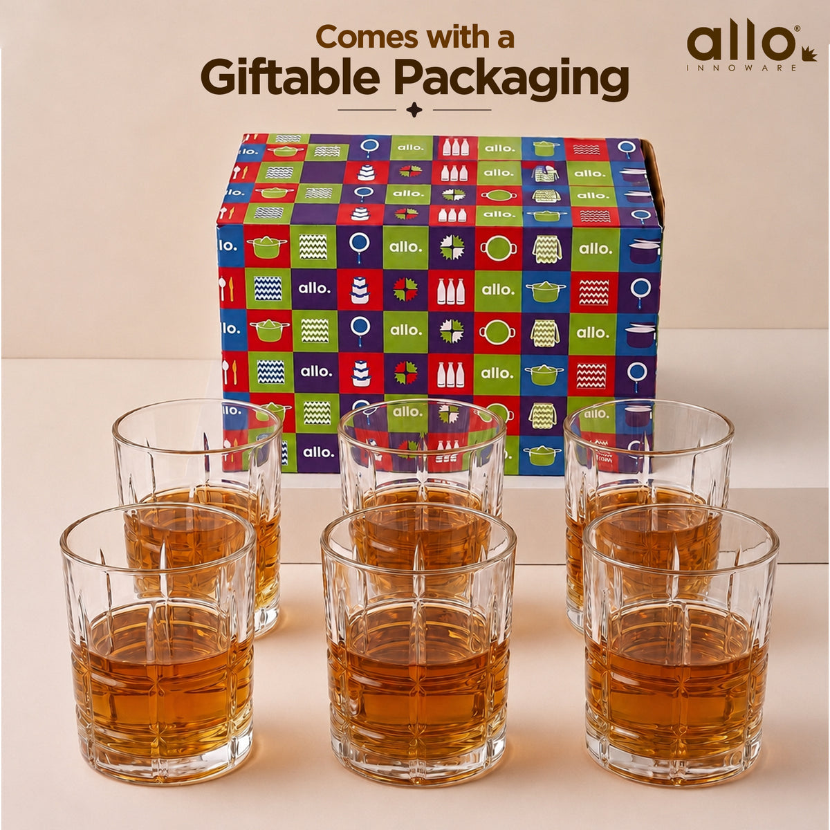 Allo Glass Set Of 6 Premium Whisky Glasses, 210 ml, For Drinking Water, Wine, Cocktail, Mocktail, Martini, Liquor, Alcohol, Scotch, Bourbon | Gift Set Packaging | Transparent Square Grid Whiskey Glass