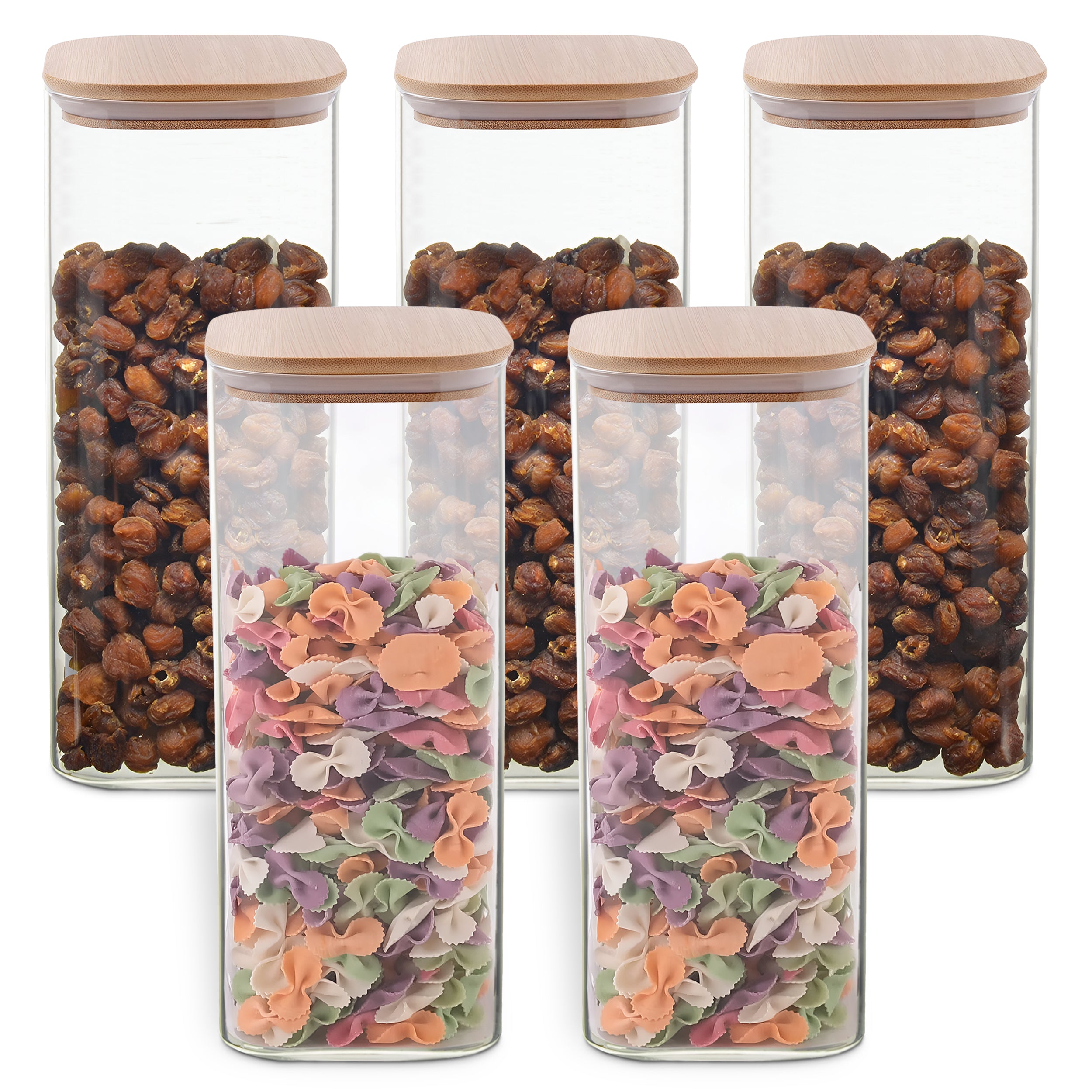 Allo 1000ML Kitchen Storage Box Glass Jars With Wooden Lids - Borosilicate Glass Food Storage Containers Airtight Glass Jar For Tea, Coffee, Spice, Pulses, Masala (Square Glass Jar - Set of 5)