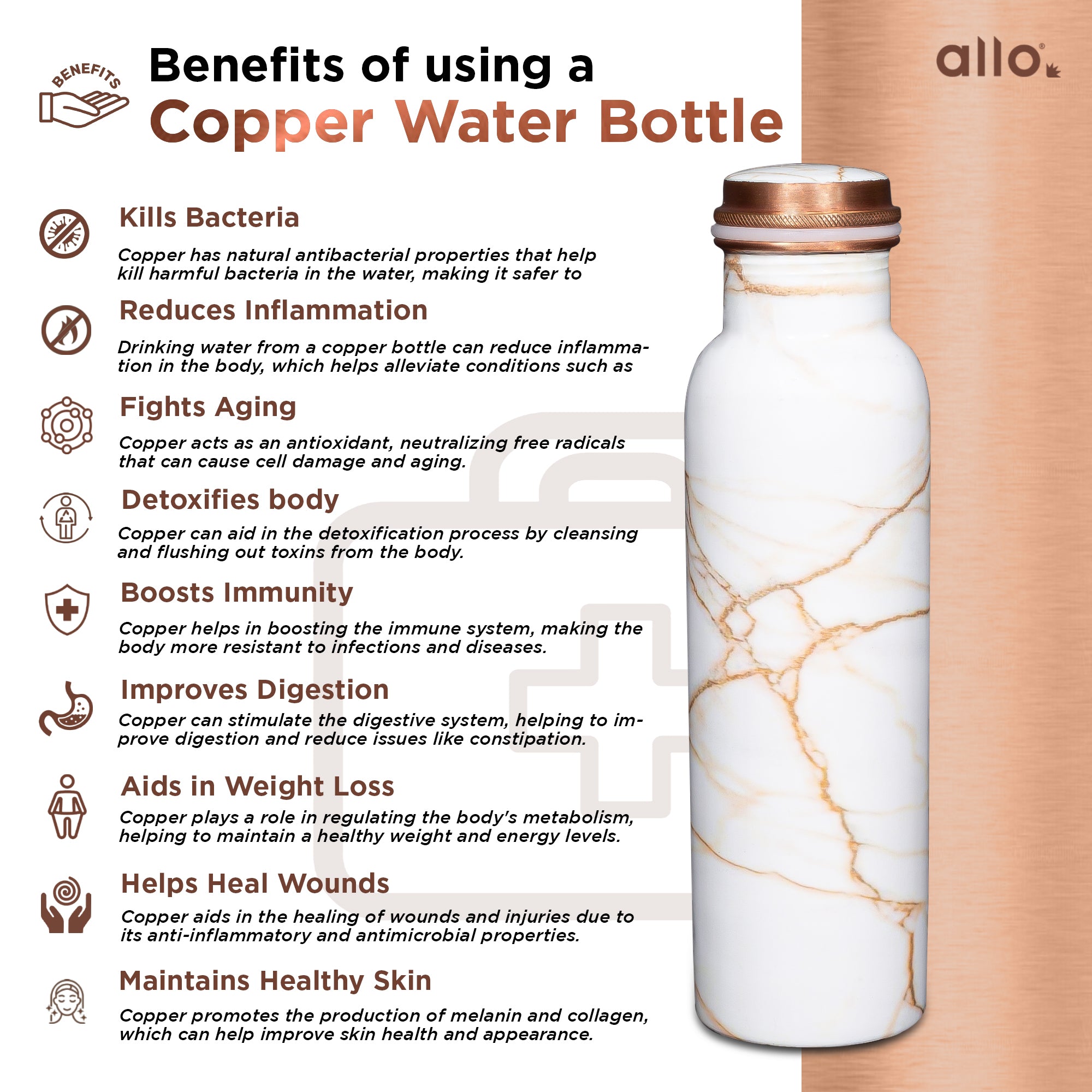Allo Pure Copper Water Bottle 1 Litre Copper Bottle | Alkaline and Anti Oxidant | 100% Leak Proof, Office, Gym Bottle, Modern Tamba Bottle for Adults, Best Gift for Diwali (White Golden Marble)