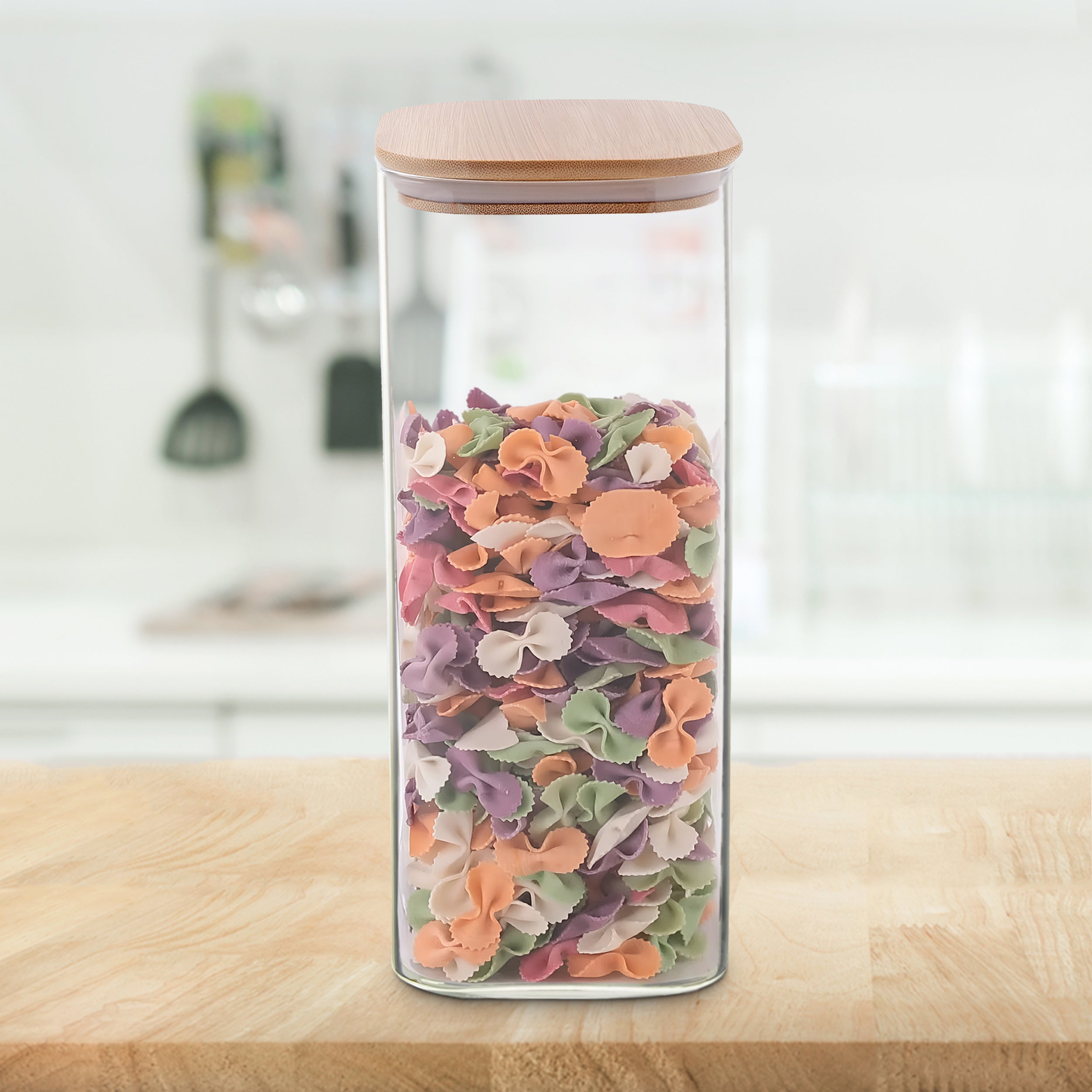 Allo 1000ML Kitchen Storage Box Glass Jars With Wooden Lids - Borosilicate Glass Food Storage Containers Airtight Glass Jar For Tea, Coffee, Spice, Pulses, Masala (Square Glass Jar - Set of 1)