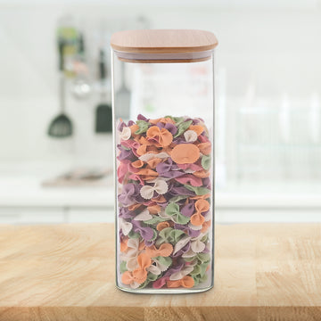 Allo 1000ML Kitchen Storage Box Glass Jars With Wooden Lids - Borosilicate Glass Food Storage Containers Airtight Glass Jar For Tea, Coffee, Spice, Pulses, Masala (Square Glass Jar - Set of 1)
