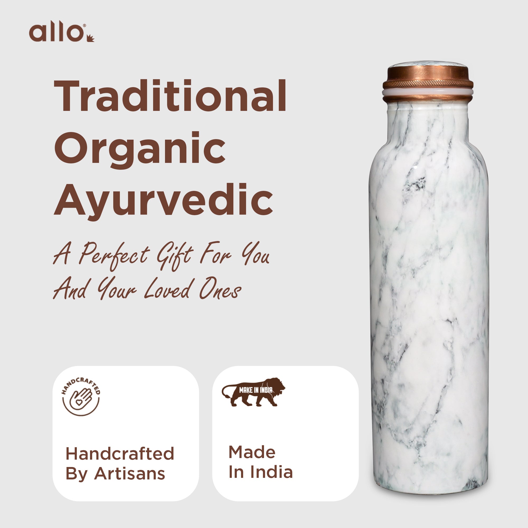 Allo Pure Copper Water Bottle 1 Litre Copper Bottle | Alkaline and Anti Oxidant | 100% Leak Proof, Office, Gym Bottle, Modern Tamba Bottle for Adults, Best Gift for Diwali (White Natural Marble)