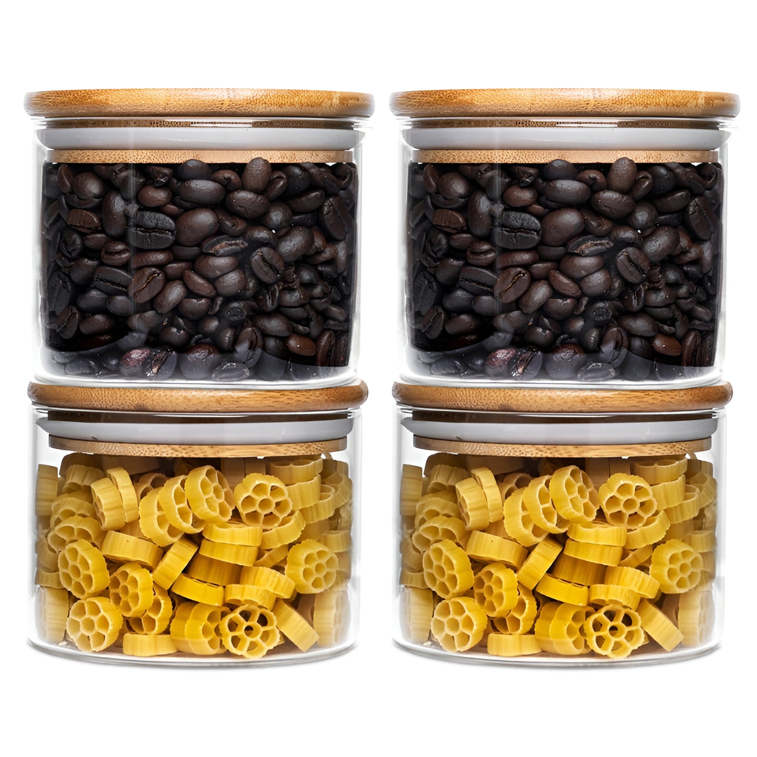 Allo 300ML Kitchen Storage Box Glass Jars With Wooden Lids - Borosilicate Glass Food Storage Containers Airtight Glass Jar for Tea, Coffee, Spice, Pulses, Masala (Round Glass Jar - Set of 4)
