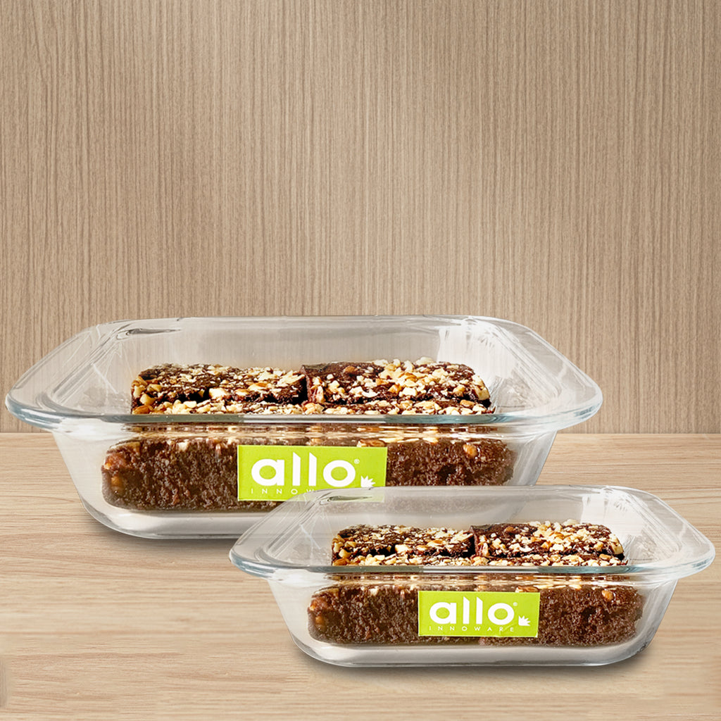 Allo Borosilcate Square Glass Baking Dish, Baking Tray, Oven and Microwave Safe, Set of  2 900ml, 1800ml, Transparent