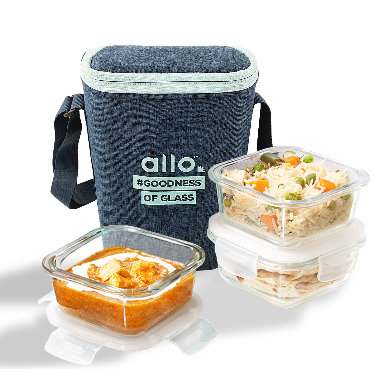 Allo Food Safe Glass Lunch Box, 450°C Microwave Safe Lunch Box, Borosilicate Glass Tiffin for office with Denim Blue Tiffin Bag, Set of 3, 320ml x 3, square