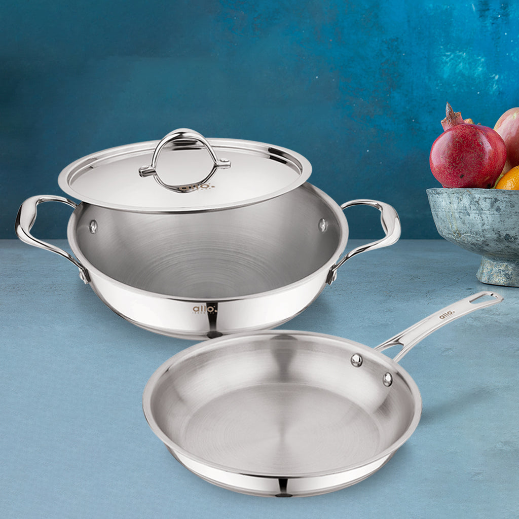Allo CookSafe TriPly Stainless Steel Kadhai & Frypan 2pcs Combo Set of 2.7 Litres Kadhai with Lid and 1.5 litres Frypan without Lid - Induction Friendly - Naturally Non-Stick, 24Cm & 22Cm