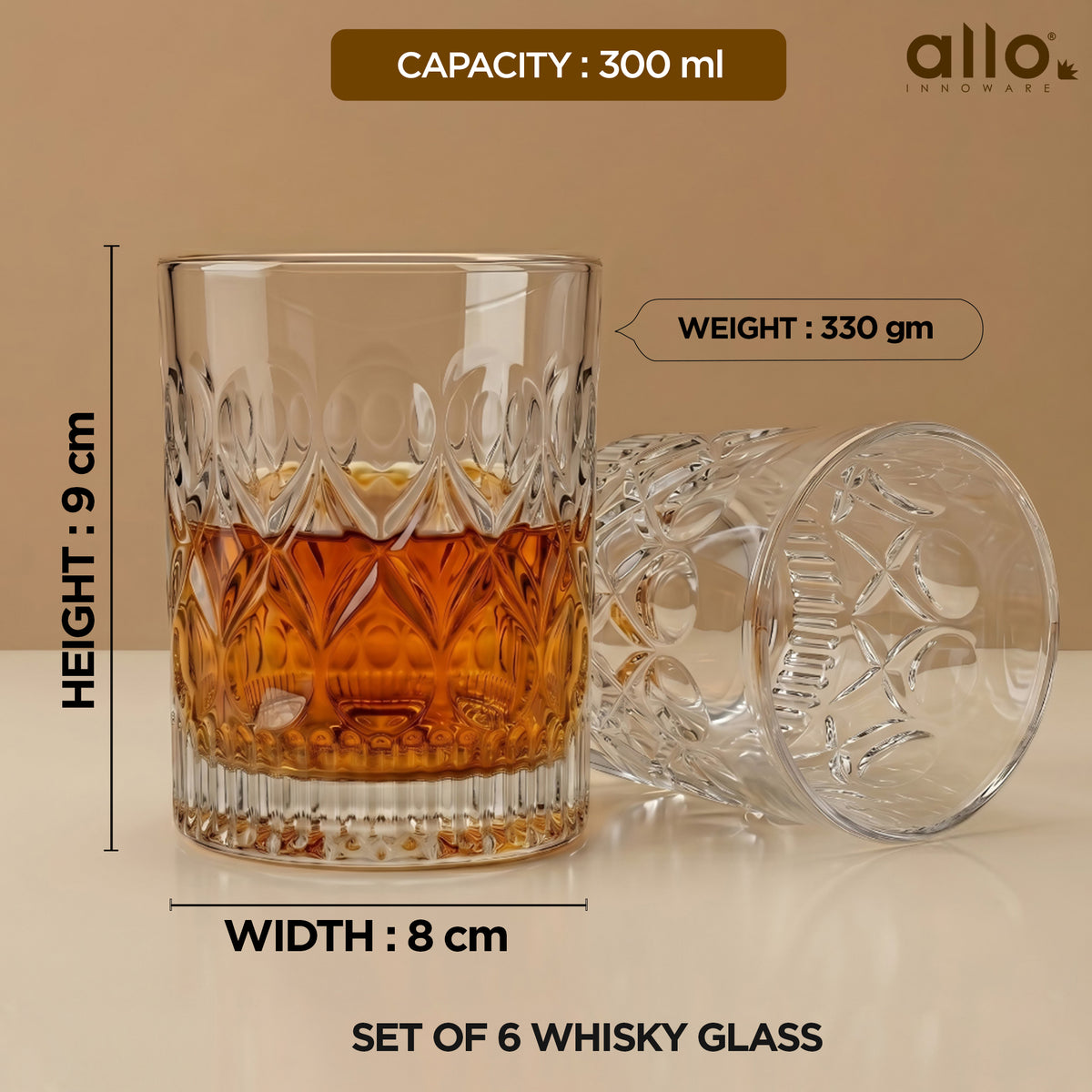 Allo Glass Set Of 6 Premium Whisky Glasses, 300 ml, For Drinking Water, Wine, Cocktail, Mocktail, Martini, Liquor, Alcohol, Scotch, Bourbon | Gift Set Packaging | Transparent Crown Cut Whiskey Glass