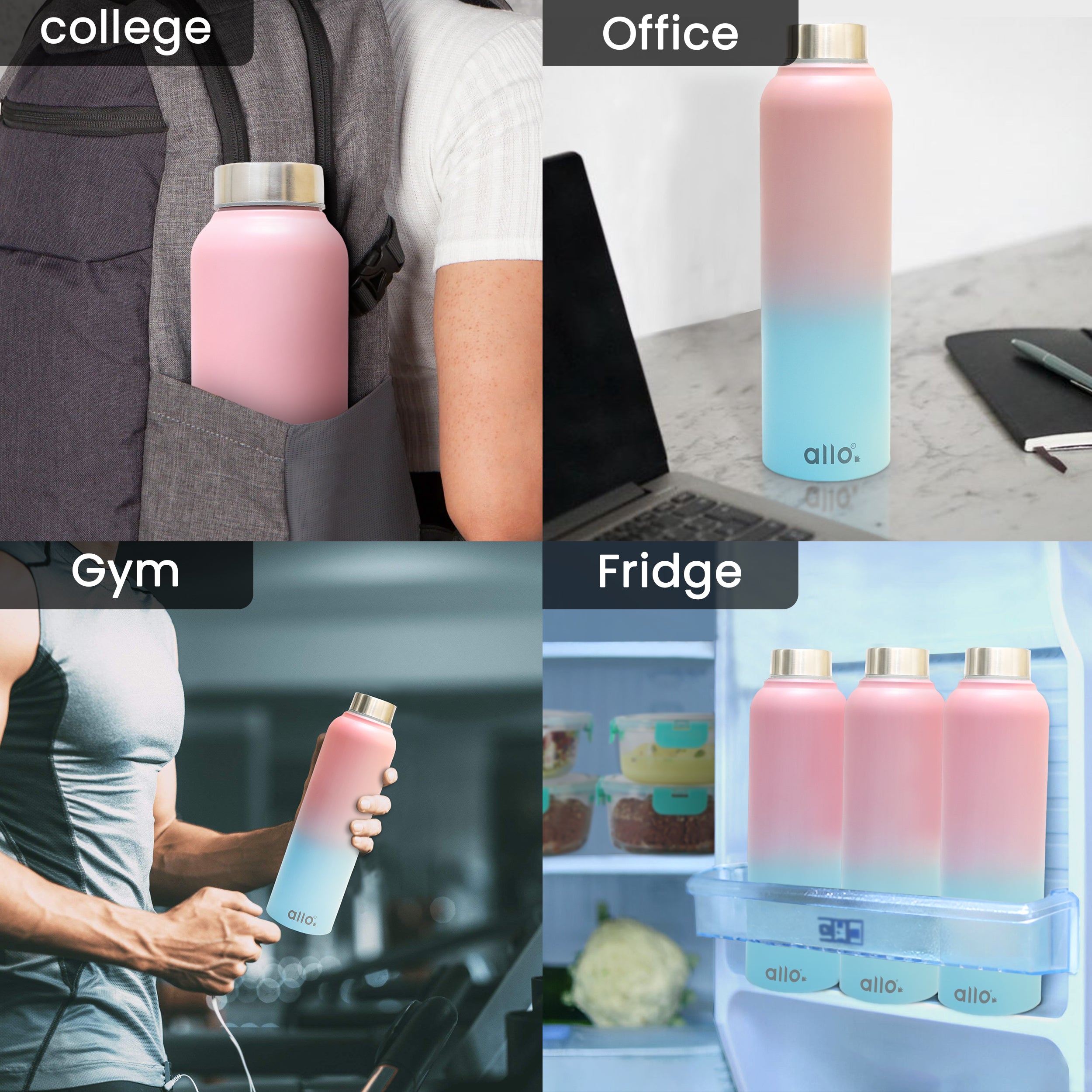 Allo Stainless Steel Water Bottle For Adults, Kids 1 Litre Water Bottles For School, Office, Sports, Gym 1L Water Bottle For Men And Women, Pack Of 2 | Leak Proof, Bpa Free, Pink & Baby Blue Steel Cap