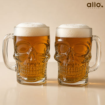 Allo Beer Mug And Drinking Glass Mugs, Set Of 2, 520 ml Each, Serves Beer, Juice, Mocktail, Alcohol, Cocktail, Drinking Glass With Handle, Fluted Glass | Gift Set Packaging | Transparent Skull Face