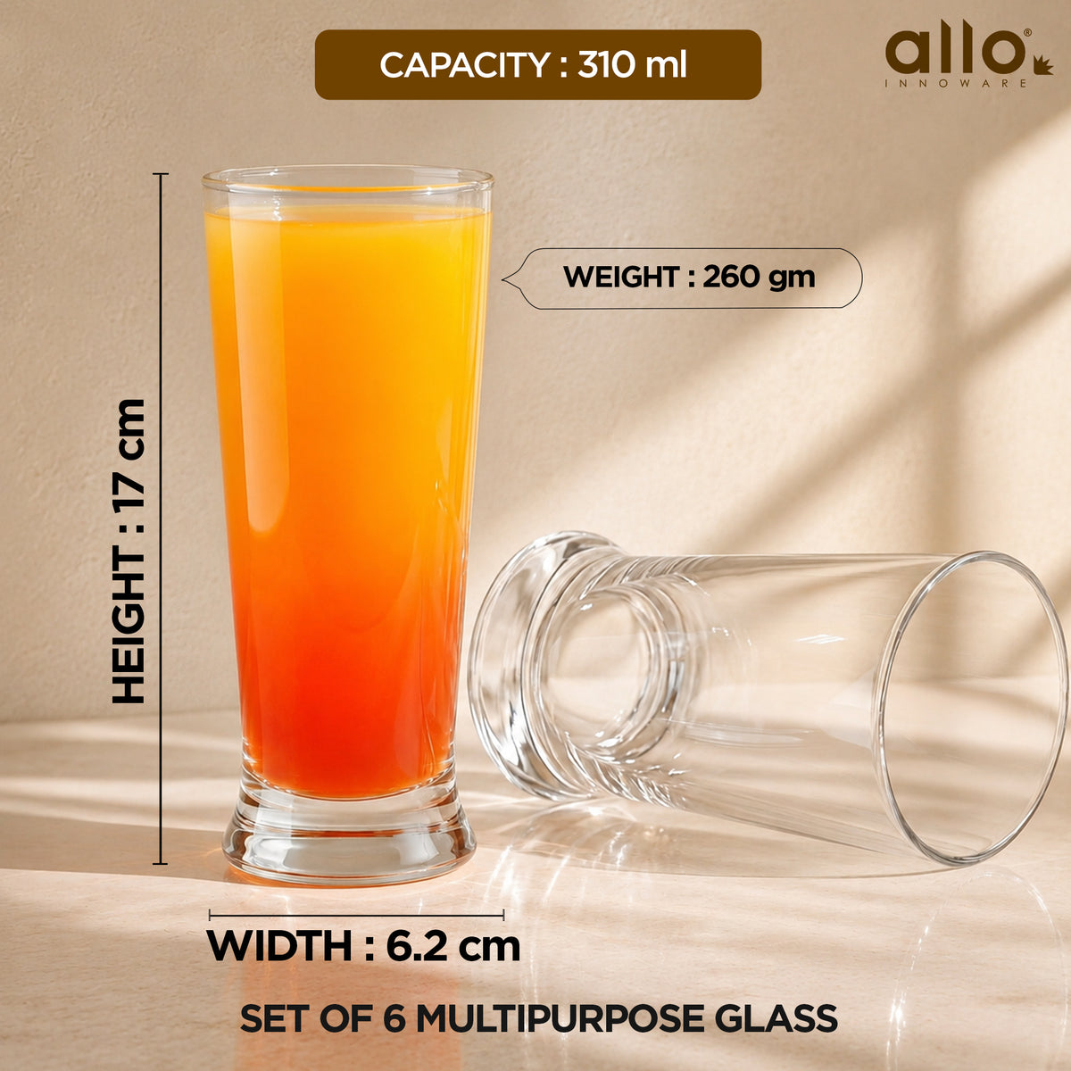 Allo Premium Glass Set Of 6, 310 ml, Latest Design Glasses For Water, Juice, Whisky, Cold Drink | Perfect For Home, Restaurants & Parties, Gift Set Packaging | Transparent Pedestal Glass