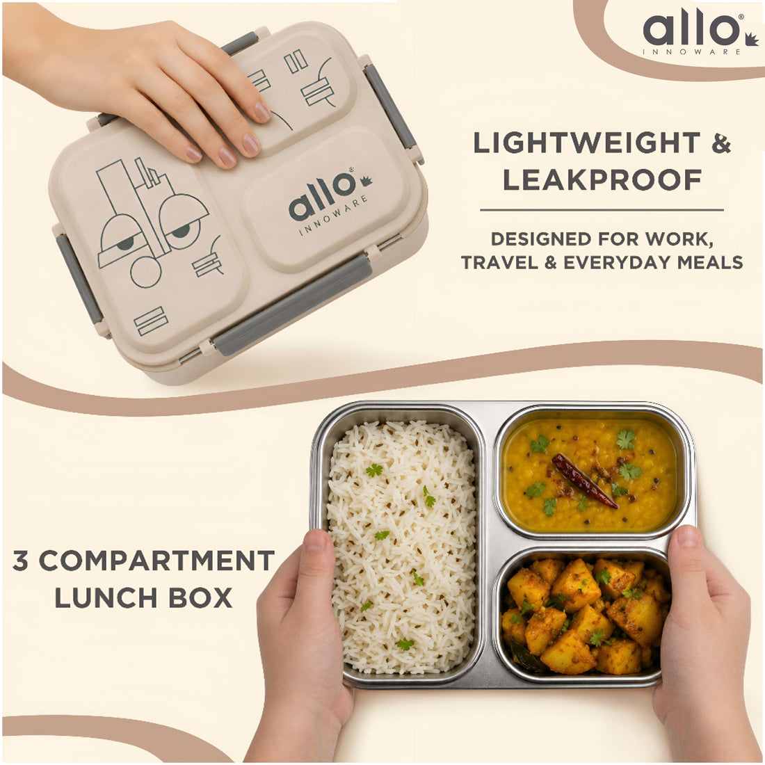 Allo Bento Stainless Steel Lunch Box for Kids- BIS Approved, 304 Stainless Steel 3 Compartment Leakproof Tiffin Box for Boys and Girls for School, Travelling, Baby Snacks, 740ml Beige Cool Eyes