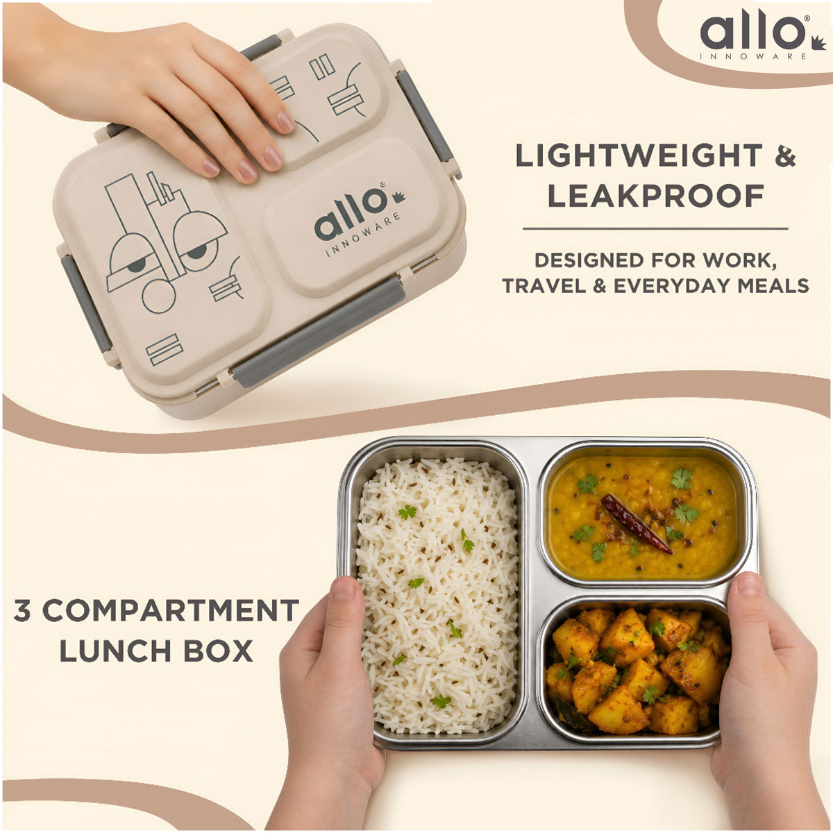 Allo Bento Stainless Steel Lunch Box for Kids- BIS Approved, 304 Stainless Steel 3 Compartment Leakproof Tiffin Box for Boys and Girls for School, Travelling, Baby Snacks, 740ml Beige Cool Eyes