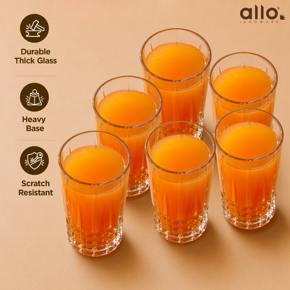 Allo Premium Glass Set Of 6, 370 ml, Latest Design Glasses For Water, Juice, Whisky, Cold Drink | Lead Free | Perfect For Home & Parties, Gift Set Packaging | Transparent Crown Base Glass