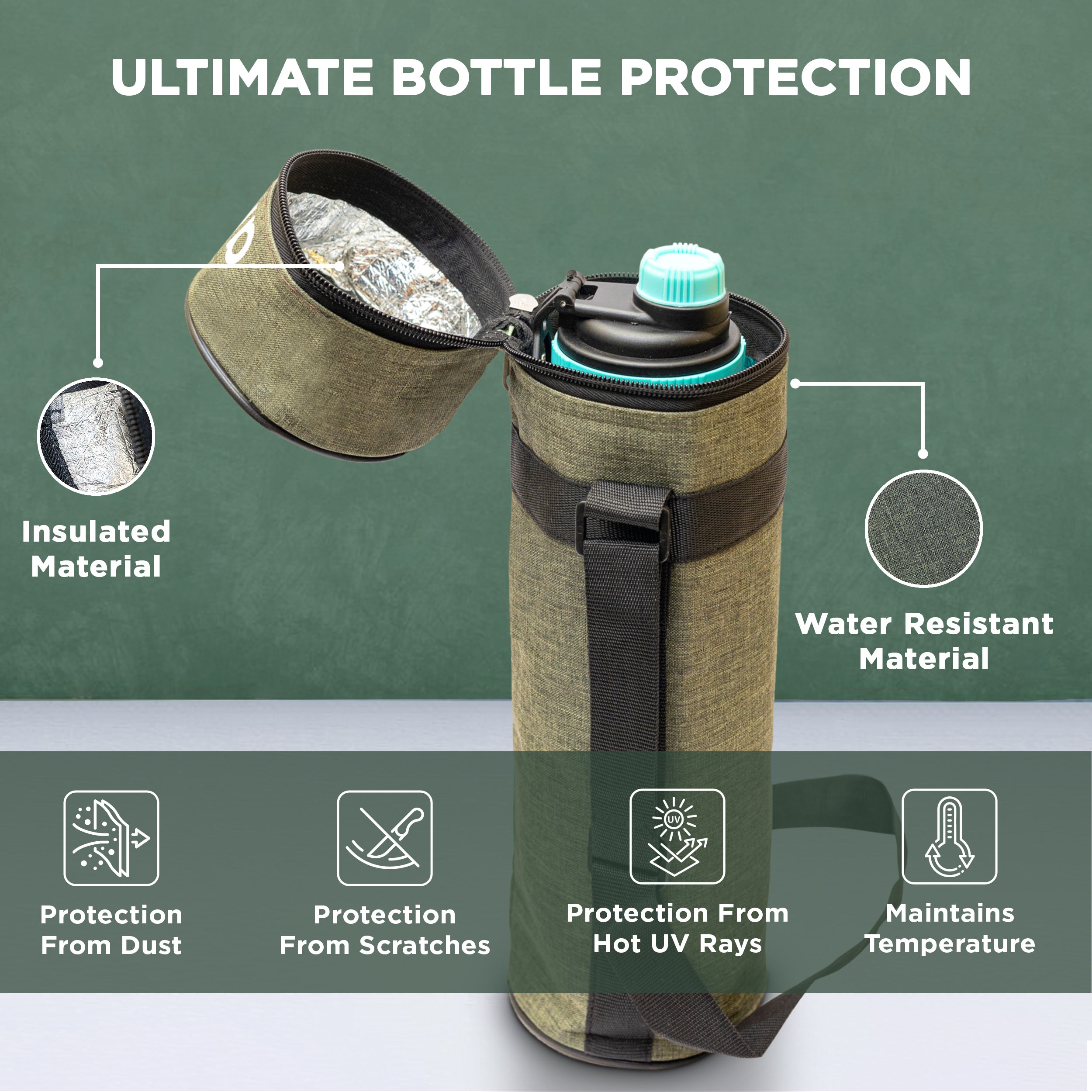 Allo Polyester Thermal Insulated 1L Bottle Cover – Water-Proof Modern Carrier Sleeve with Adjustable Shoulder Handle & Zipper Closure for Travel, Hiking, Office & School, GREEN
