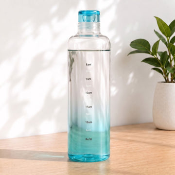 Allo Glass Water Bottle For Women & Men, 600 ml, Aesthetic H2O Bottles For Drinking Detox Water, Juice, Milk, Soda | 0.4 Ltr Bottle For Fridge, Storage, Home | Gift Set Packaging | Time Marked Blue
