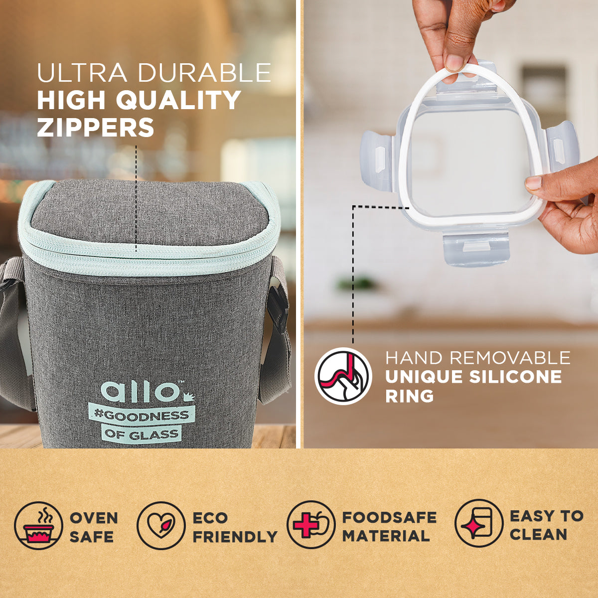 Allo Food Safe Glass Lunch Box, 450°C Microwave Safe Lunch Box, Borosilicate Glass Tiffin for office with Denim grey Tiffin Bag, Set of 3, 320ml x 3, square