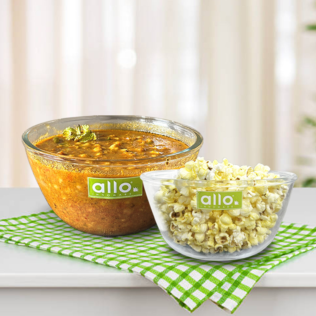 Allo Food Safe Borosilicate Glass Mixing & Serving Bowls for Kitchen, Oven & Microwave Safe Bowls, Dishwasher and Freezer Safe Bowls, Set of 2 1000ML, 1600ML, Transparent