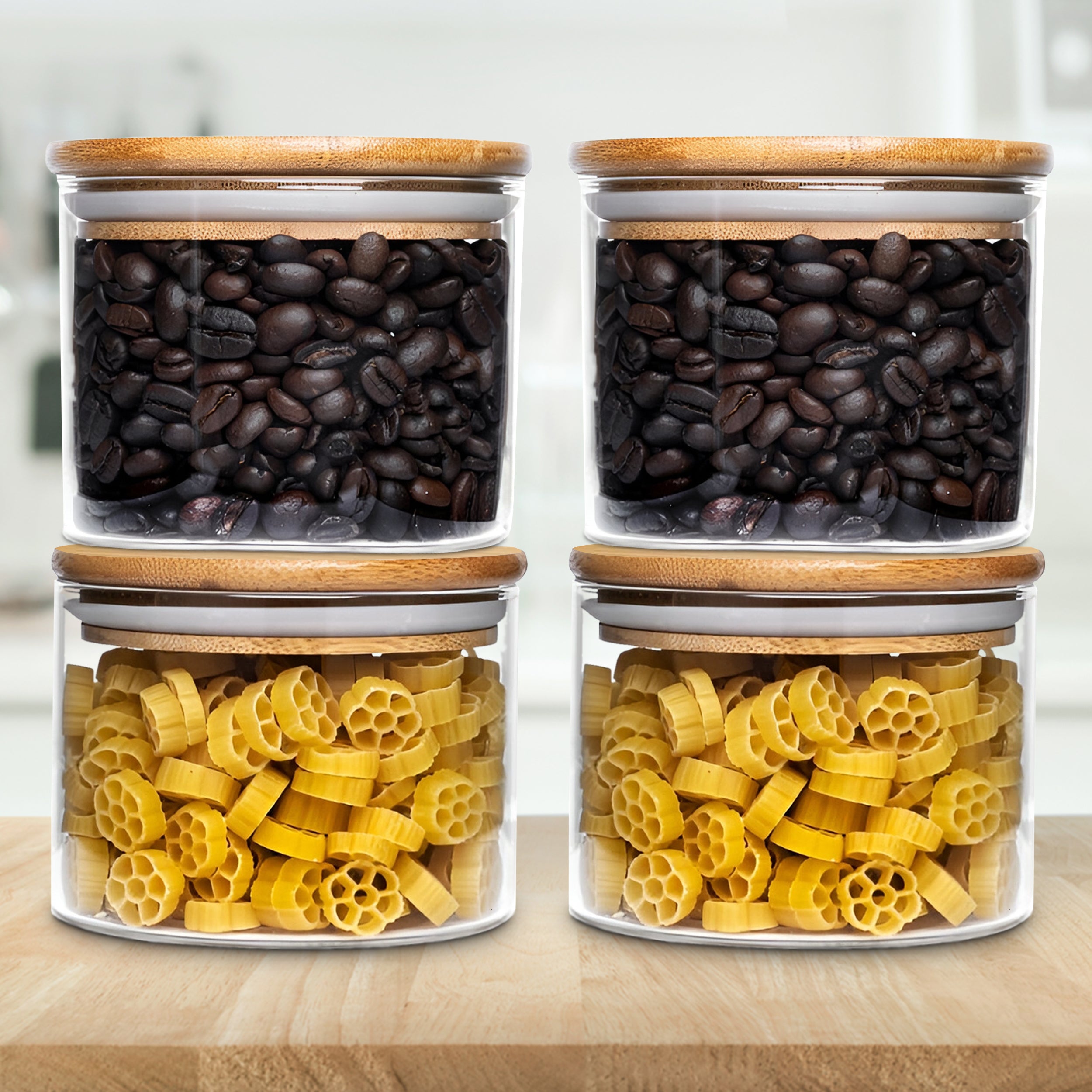 Allo 300ML Kitchen Storage Box Glass Jars With Wooden Lids - Borosilicate Glass Food Storage Containers Airtight Glass Jar for Tea, Coffee, Spice, Pulses, Masala (Round Glass Jar - Set of 4)