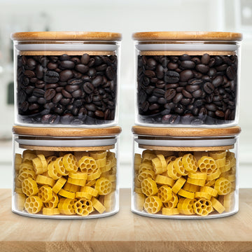 Allo 300ML Kitchen Storage Box Glass Jars With Wooden Lids - Borosilicate Glass Food Storage Containers Airtight Glass Jar for Tea, Coffee, Spice, Pulses, Masala (Round Glass Jar - Set of 4)
