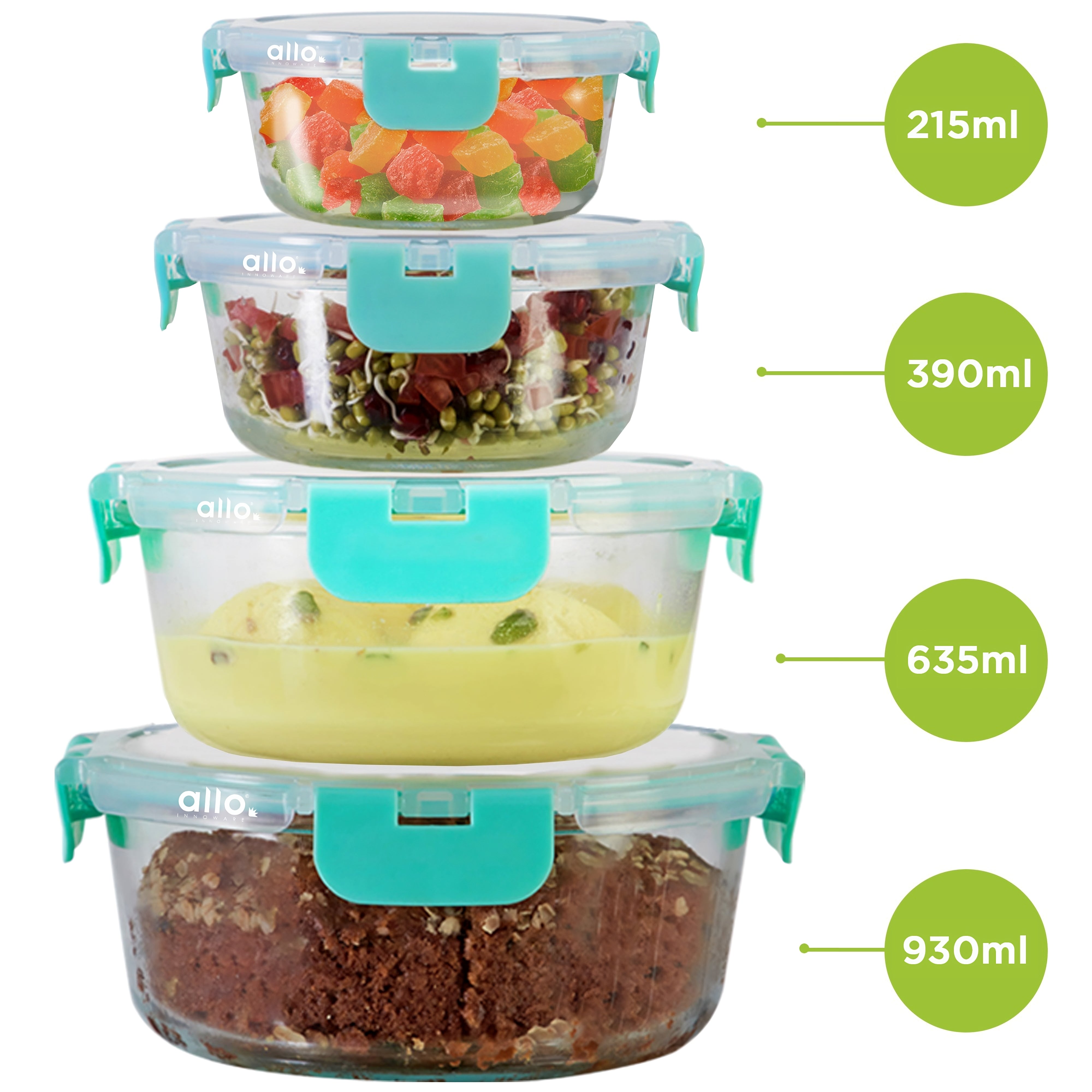 Allo Food Safe Glass Containers with Lids, Microwave Safe Containers, Borosilicate Meal Prep Glass Food Storage Containers for Kitchen, Set of 4 215ml, 390ml, 635ml, 930ml Round