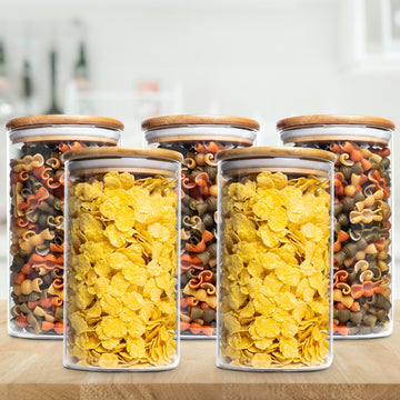 Allo 600ML Kitchen Storage Box Glass Jars With Wooden Lids - Borosilicate Glass Food Storage Containers Airtight Glass Jar for Tea, Coffee, Spice, Pulses, Masala (Round Glass Jar - Set of 5)