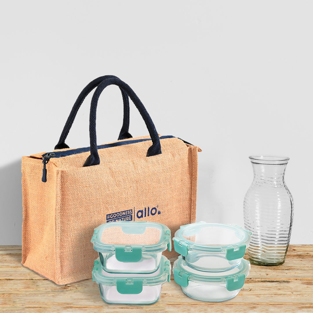 Allo Food Safe Glass Lunch Box with Breakfree Detachable Lock, Microwave Safe Lunch Box Borosilicate Glass Tiffin for Office with Jute Tiffin Bag, Set of 4, 310ml x 2 & 390ml x 2, Beige