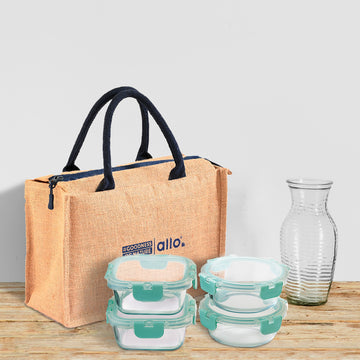Allo Food Safe Glass Lunch Box with Breakfree Detachable Lock, Microwave Safe Lunch Box Borosilicate Glass Tiffin for Office with Jute Tiffin Bag, Set of 4, 310ml x 2 & 390ml x 2, Beige