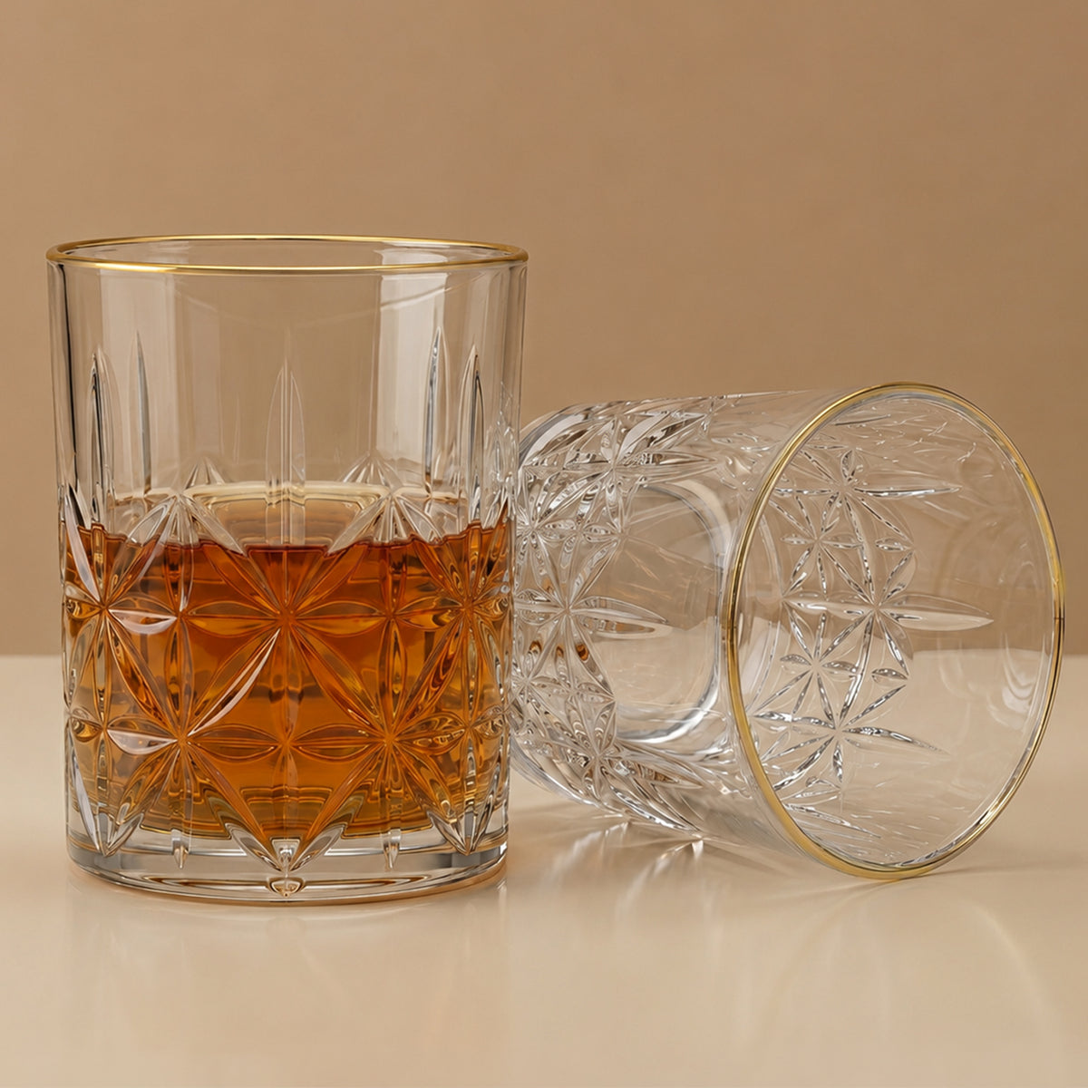 Allo Glass Set Of 6 Premium Whisky Glasses, 205 ml, For Drinking Water, Wine, Cocktail, Mocktail, Martini, Liquor, Alcohol, Scotch, Bourbon | Gift Set Packaging | Golden Rim Floral Cut Whiskey Glass