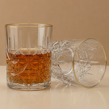 Allo Glass Set Of 6 Premium Whisky Glasses, 205 ml, For Drinking Water, Wine, Cocktail, Mocktail, Martini, Liquor, Alcohol, Scotch, Bourbon | Gift Set Packaging | Golden Rim Floral Cut Whiskey Glass