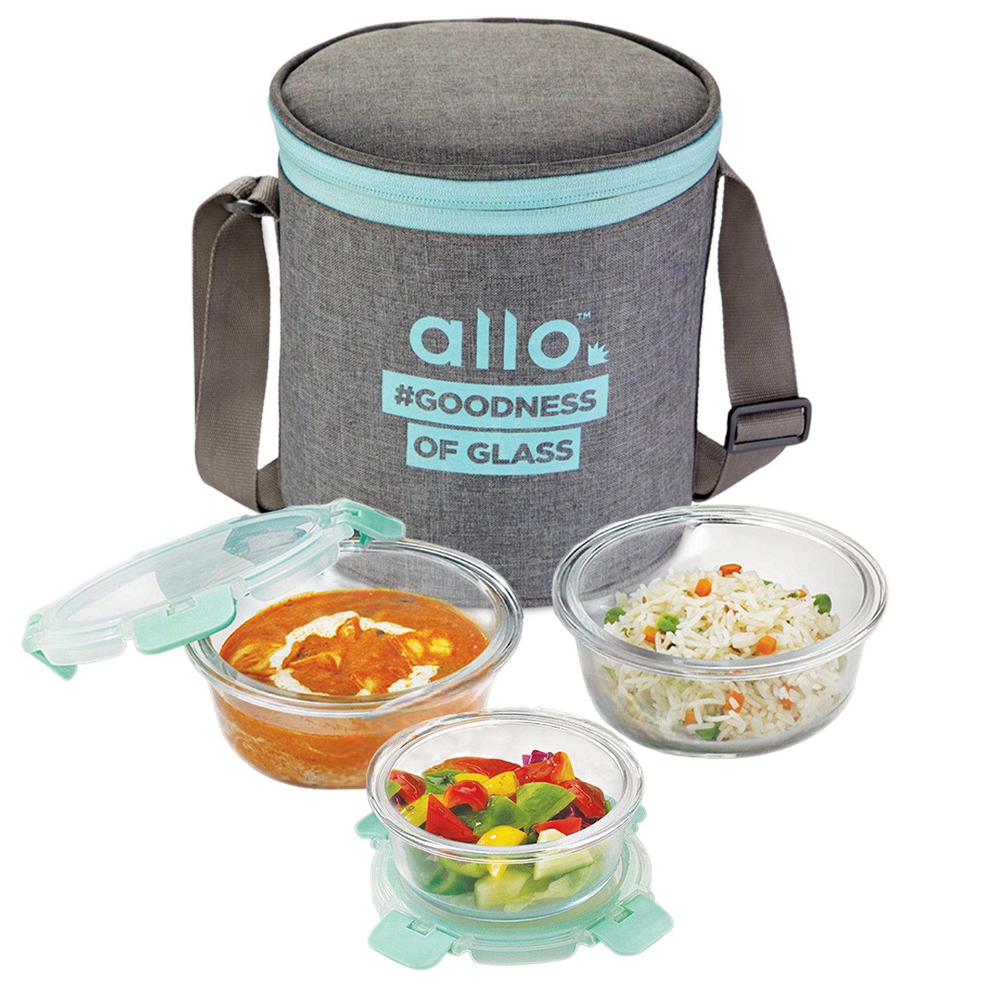 Allo Food Safe Glass Lunch Box with Break Free Detachable Lock, 450°C Microwave Safe Lunch Box, Borosilicate Glass Tiffin for office with Canvas Grey Tiffin Bag, Set of 3, 215ml x 1, 390ml x 2, Round.
