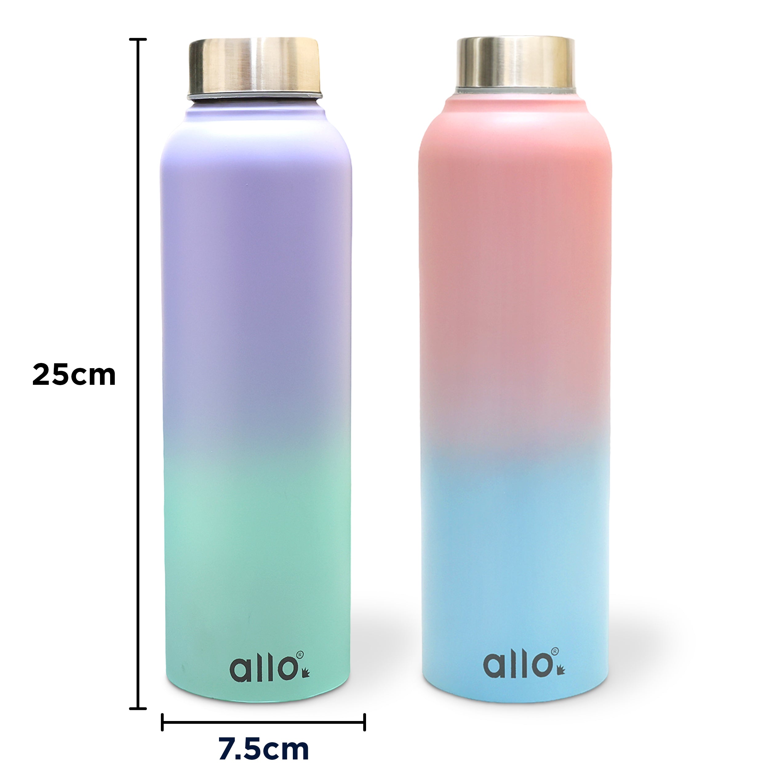 Allo Stainless Steel Water Bottle For Adults, Kids 0.95 Litre Water Bottles For School, Office, Sports, Gym 950ML Water Bottle For Men And Women, Pack Of 2 | Leak Proof, Bpa Free, Pink & Baby Blue Steel Cap