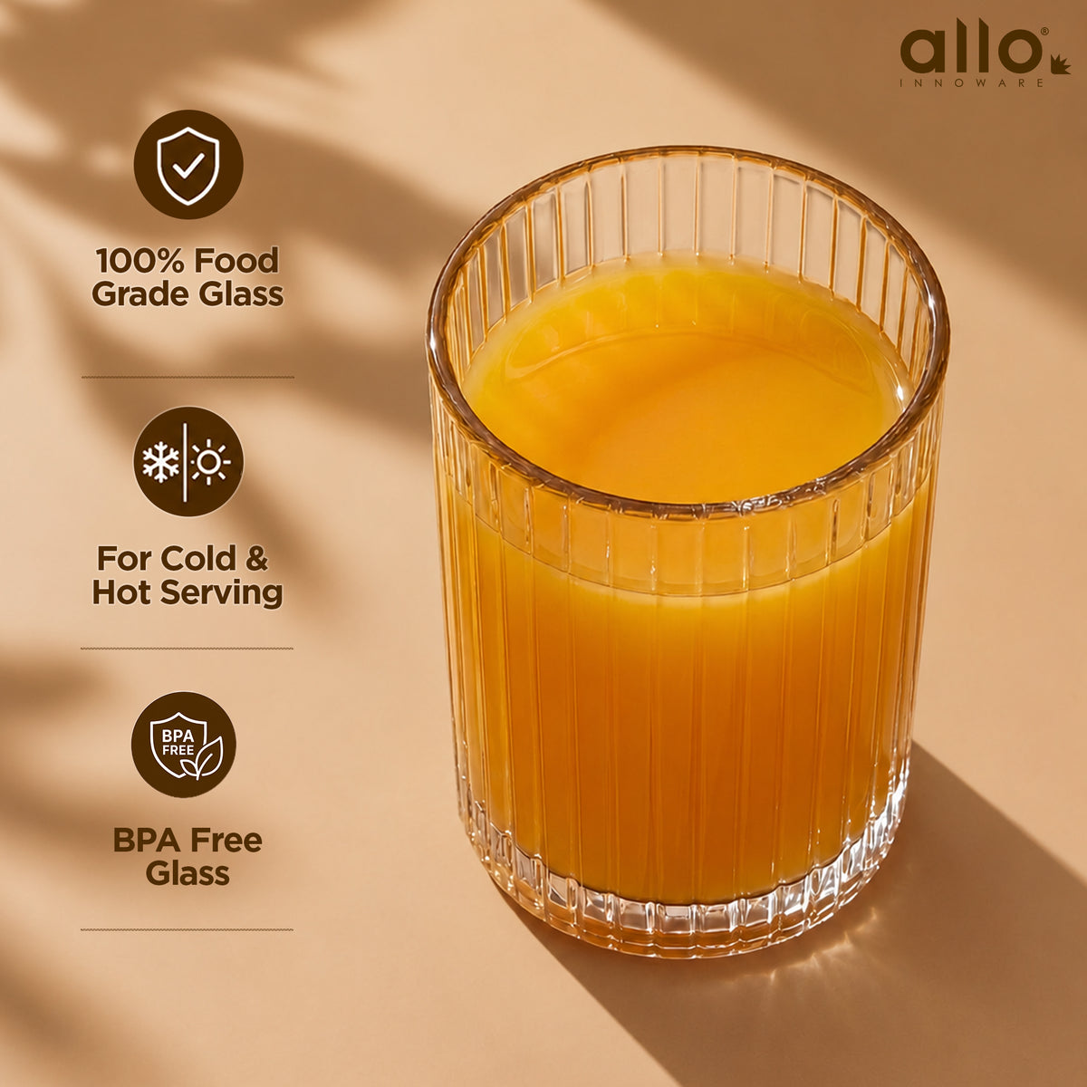Allo Premium Glass Set Of 6, 300 ml, Latest Design Glasses For Water, Juice, Whisky, Cold Drink | Lead Free | Perfect For Home & Parties, Gift Set Packaging | Transparent Classic Fluted Glass