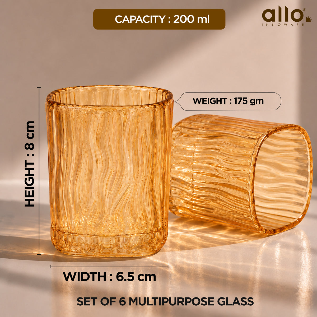Allo Premium Glass Set Of 6, 200 ml, Latest Design Glasses For Water, Juice, Whisky, Cold Drink | Perfect For Home, Restaurants & Parties, Gift Set Packaging | Golden Wave Glass