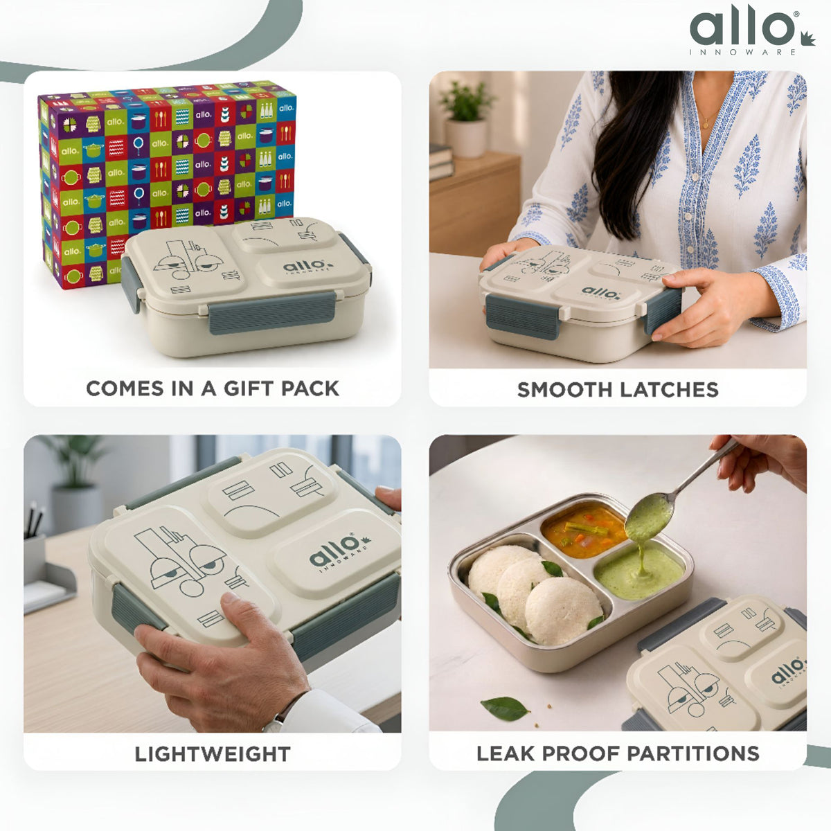 Allo Bento Stainless Steel Lunch Box for Kids- BIS Approved, 304 Stainless Steel 3 Compartment Leakproof Tiffin Box for Boys and Girls for School, Travelling, Baby Snacks, 740ml Green Cool Eyes