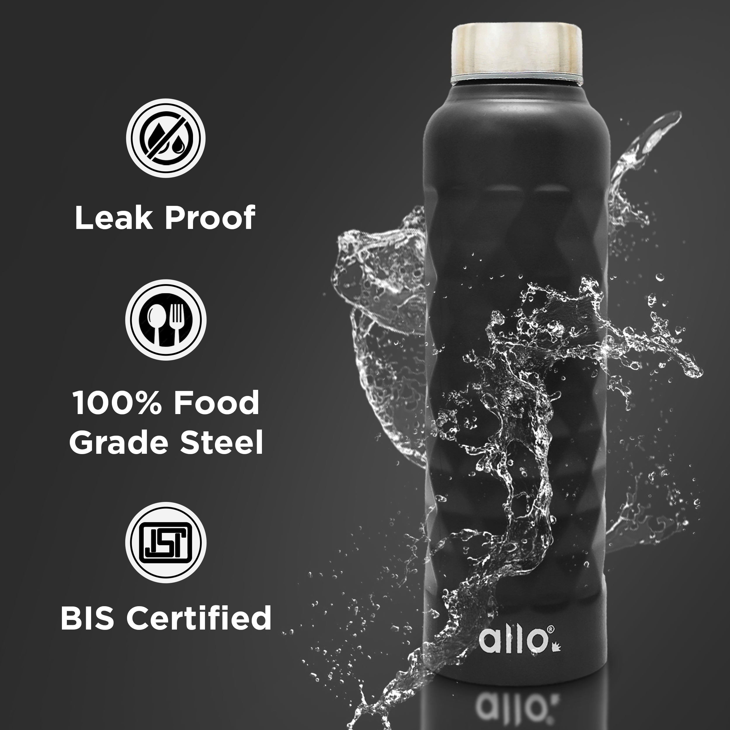 Allo Steel Water Bottles Stainless Steel Sipper Water Bottle for adults, kids 0.95 Litre Water Bottles for School, Office, Sports, Gym 950ML Water Bottle for Men and women, Black 950ml