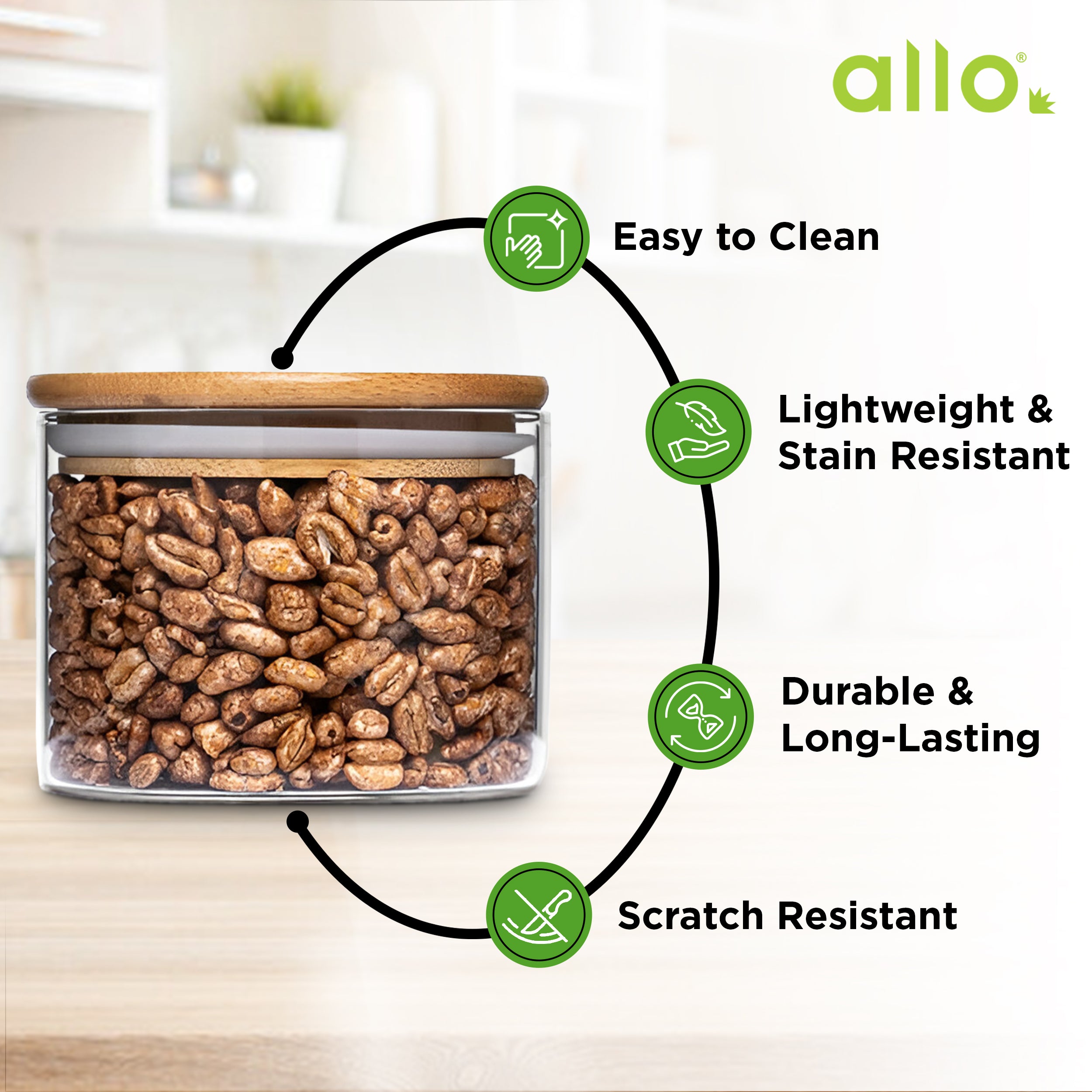 Allo 300ML Kitchen Storage Box Glass Jars With Wooden Lids - Borosilicate Glass Food Storage Containers Airtight Glass Jar for Tea, Coffee, Spice, Pulses, Masala (Round Glass Jar - Set of 2)
