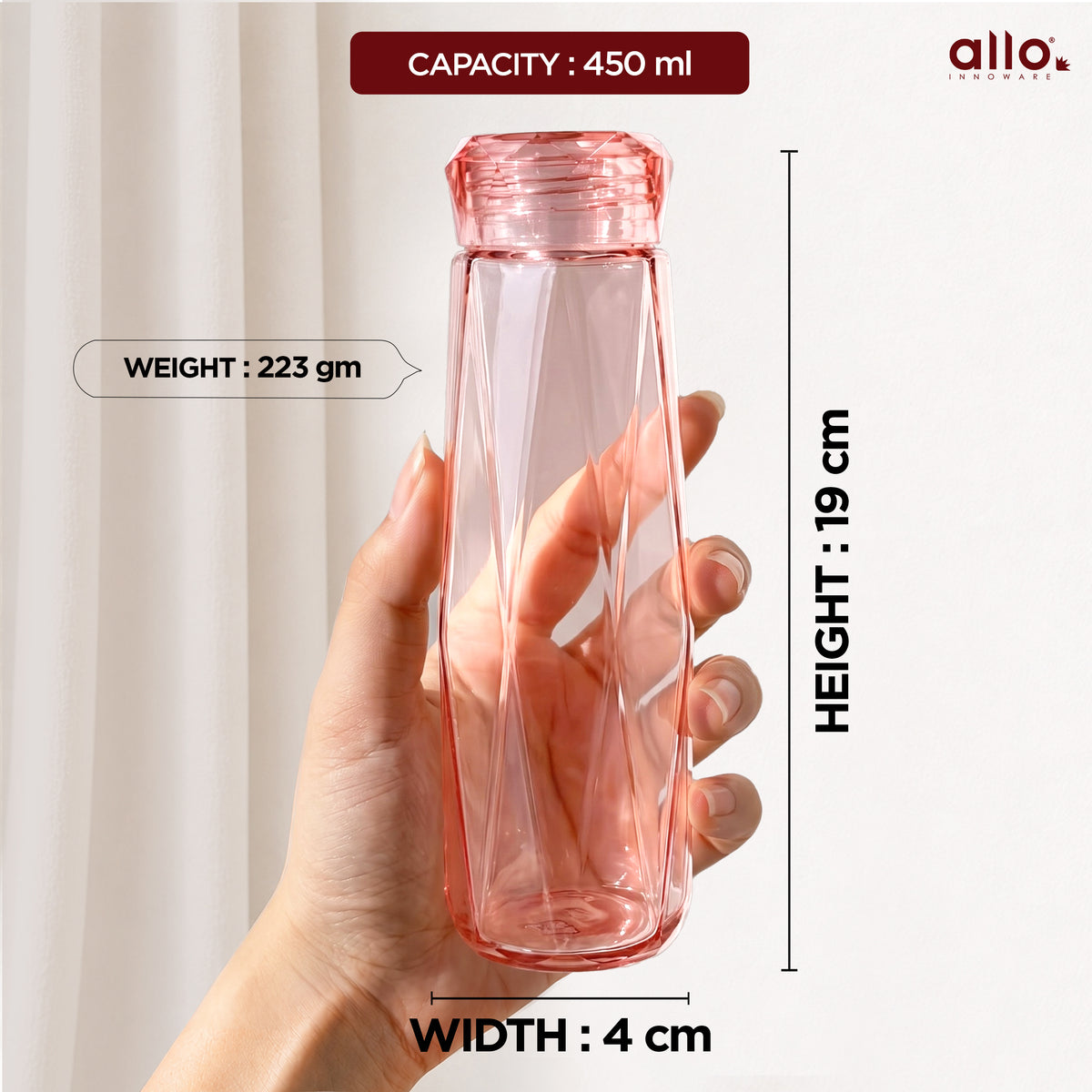 Allo Glass Water Bottle For Women & Men, 450 ml, Aesthetic H2O Bottles For Drinking Detox Water, Juice, Milk, Soda | 0.4 Ltr Bottle For Fridge, Storage, Home | Gift Set Packaging | Geometric Pink