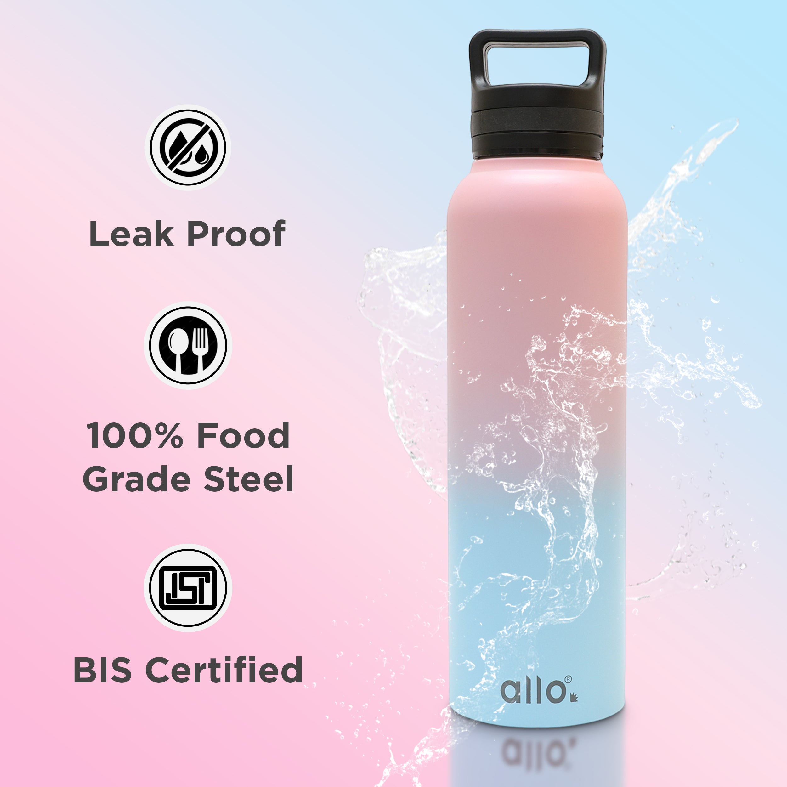 Allo Stainless Steel Water Bottle For Adults, Kids 1 Litre Water Bottles For School,Office,Sports,Gym 1L Water Bottle For Men & Women, Pack Of 2, Leak Proof, Bpa Free, Pink Baby Blue & Blue Handle Cap