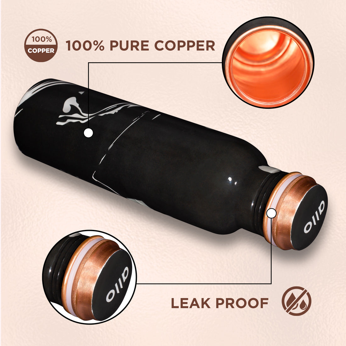 Allo Pure Copper Water Bottle 1 Litre Copper Bottle | Alkaline and Anti Oxidant | 100% Leak Proof, Office, Gym Bottle, Modern Tamba Bottle for Adults, Best Gift for Diwali (Black)