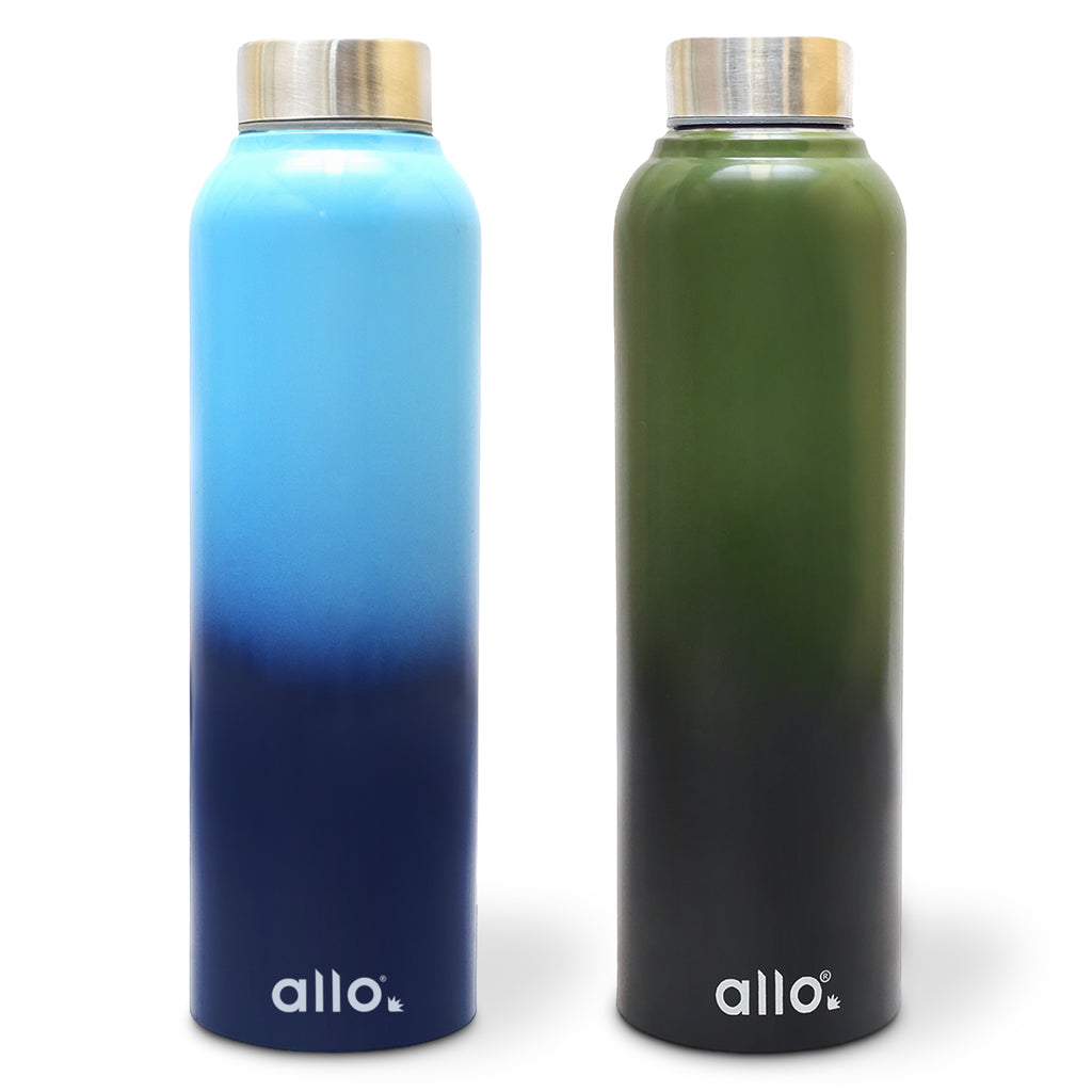 Allo Stainless Steel Water Bottle For Adults, Kids 1 Litre Water Bottles For School, Office, Sports, Gym 1L Water Bottle For Men And Women, Pack Of 2| Leak Proof, Bpa Free, Light & Dark Blue Steel Cap