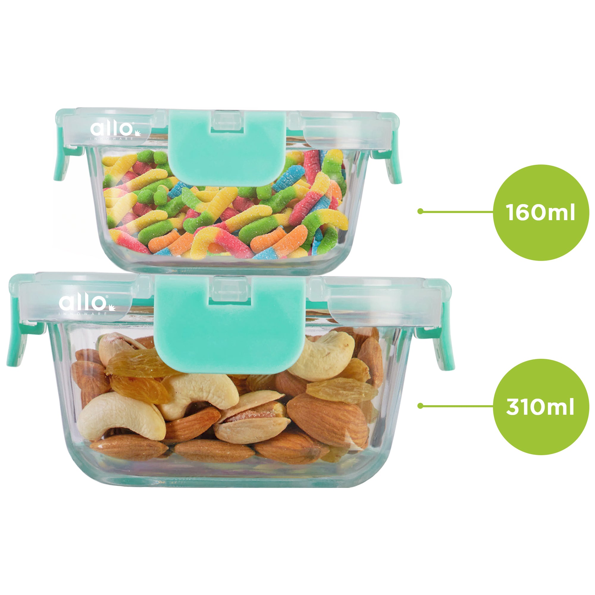 Allo Food Safe Glass Containers with Lids with Break Free Lock, Microwave Safe Containers,Borosilicate Meal Prep Glass Food Storage Containers for Kitchen, Set of 2, 215ml, 390ml, Round