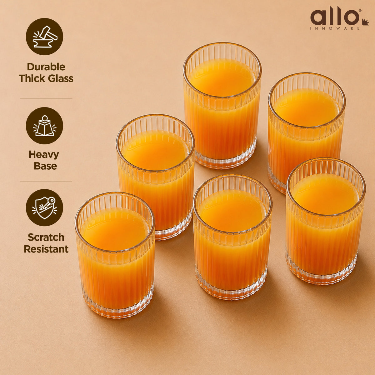 Allo Premium Glass Set Of 6, 300 ml, Latest Design Glasses For Water, Juice, Whisky, Cold Drink | Lead Free | Perfect For Home & Parties, Gift Set Packaging | Transparent Classic Fluted Glass