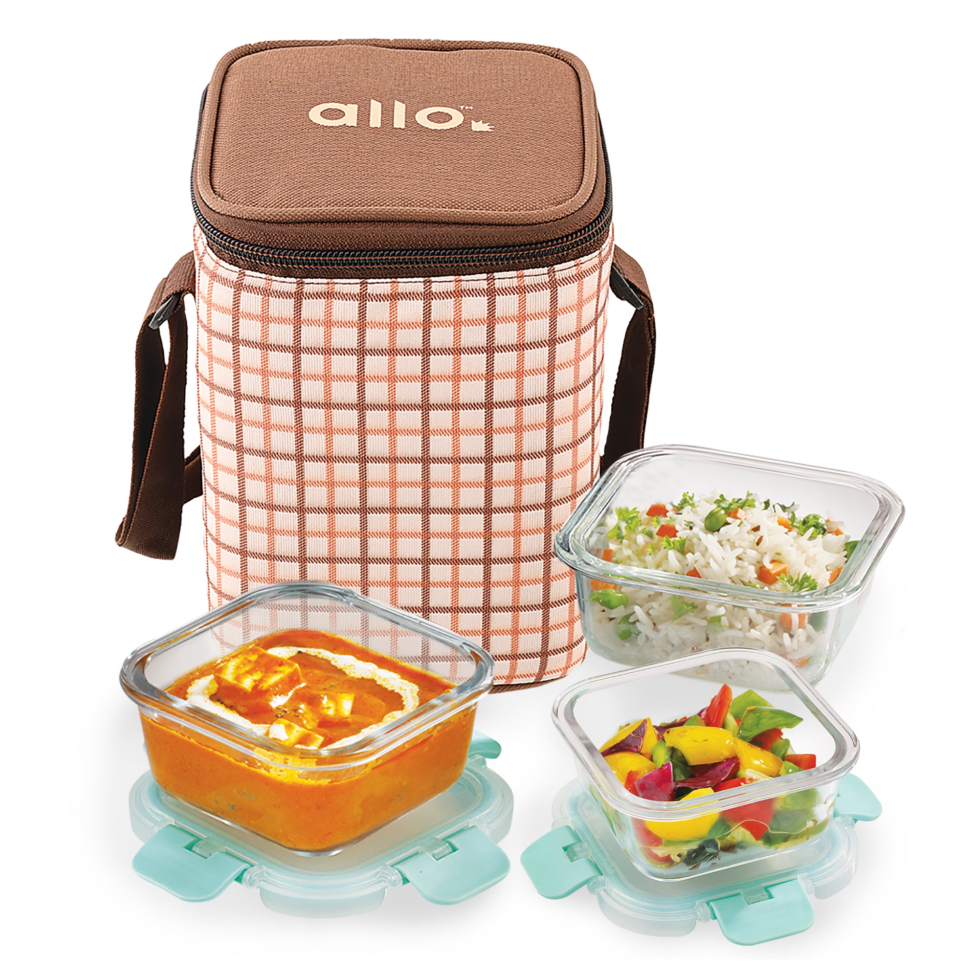 Allo Food Safe Glass Lunch Box with Breakfree Detachable Lock, Microwave Safe Lunch Box Borosilicate Glass Tiffin for Office with Cocoa Brown Tiffin Bag, Set of 3, 160ml x 1, 310ml x 2